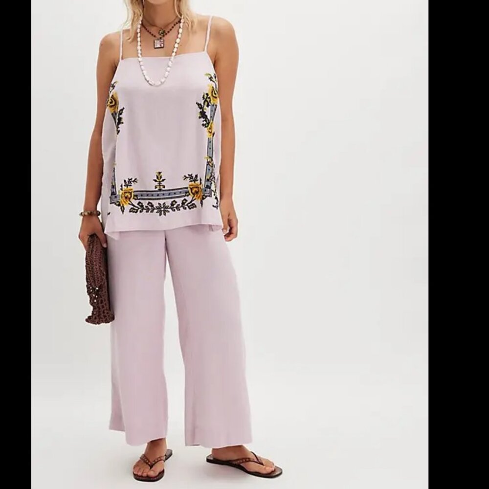 NWT Free People Sightseer Embroidered Linen Set in Lilac Combo